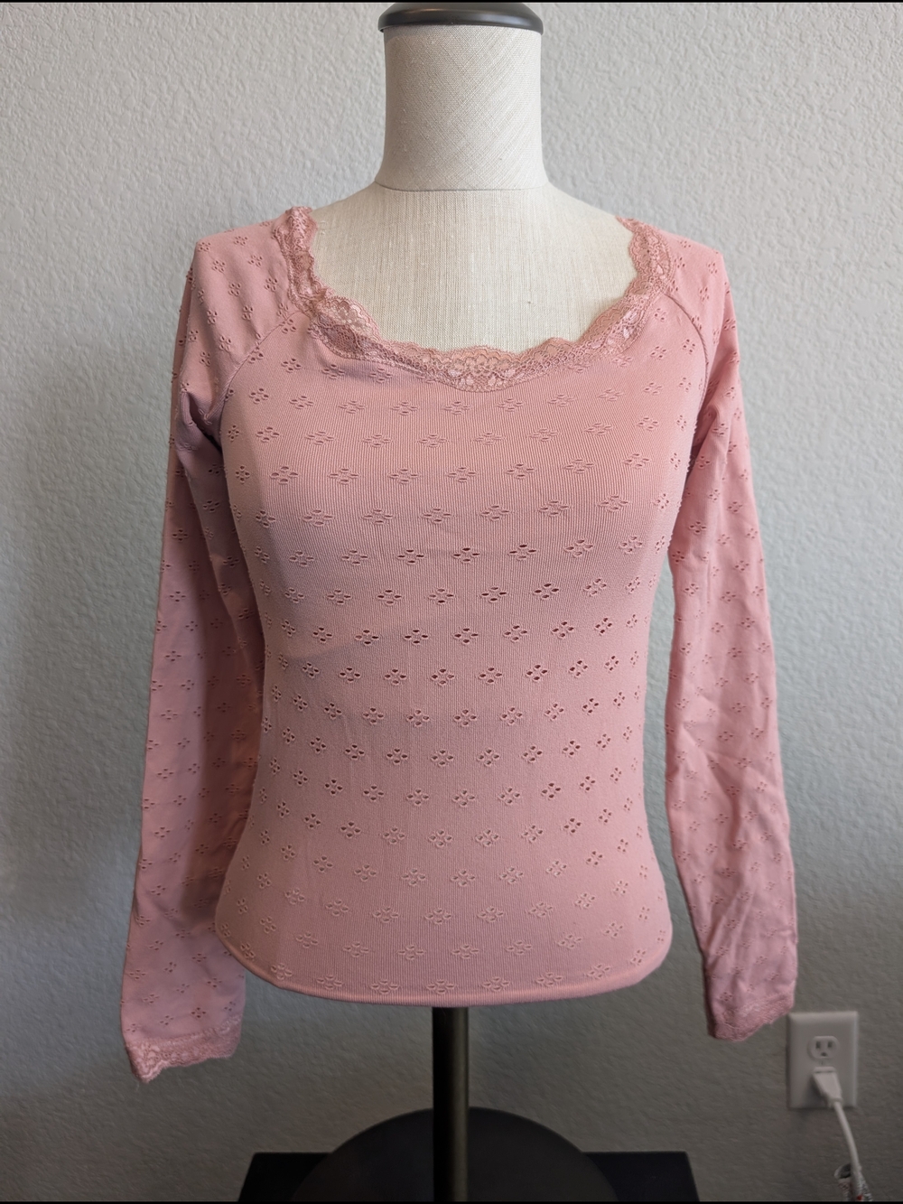Altar'd State Dusty Pink Lace-Trim Long Sleeve Top (Fits Like A S/M)